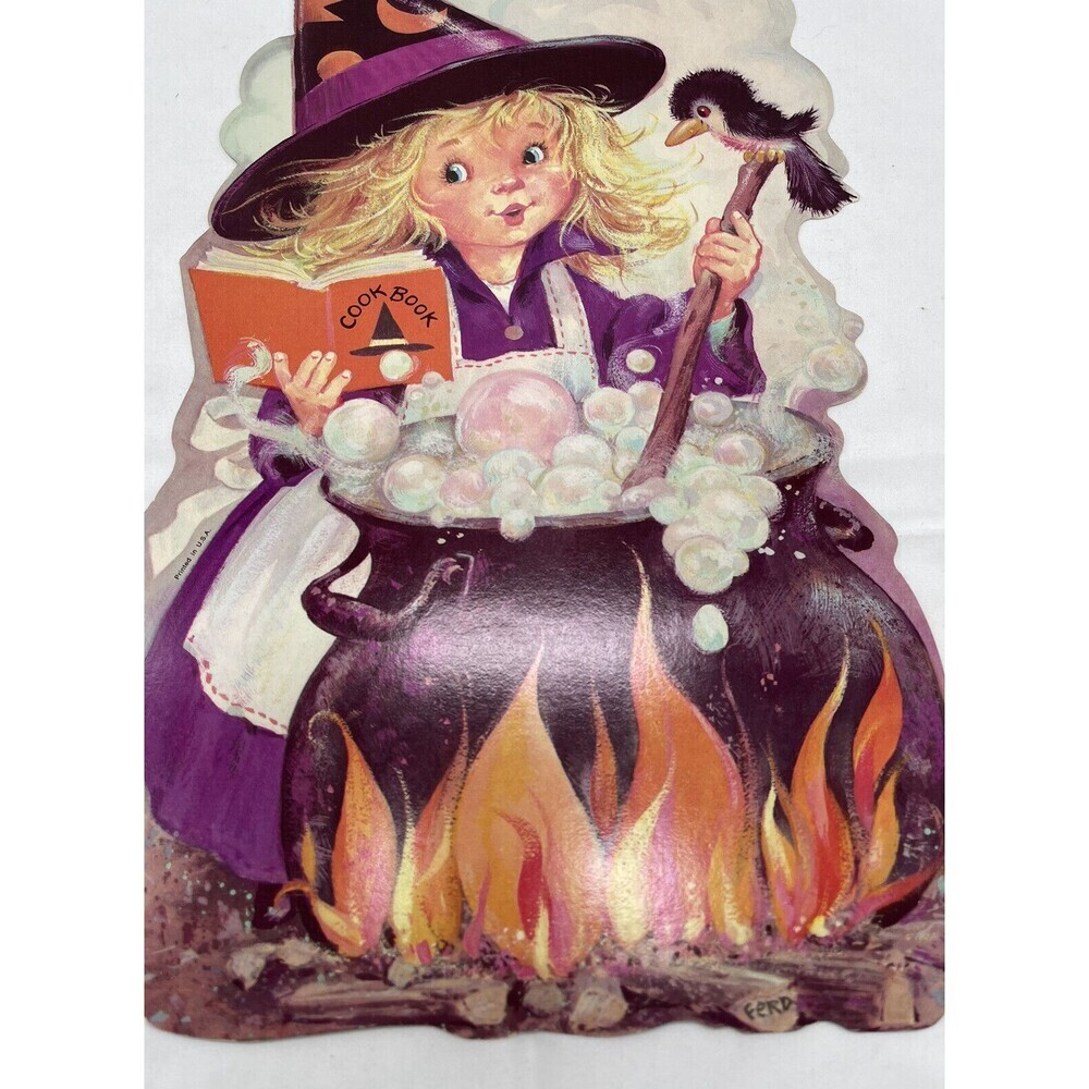 Vintage Halloween Die Cut Decoration Witch Cooking Cookbook Bird Cauldron USA - Picture 4 of 8